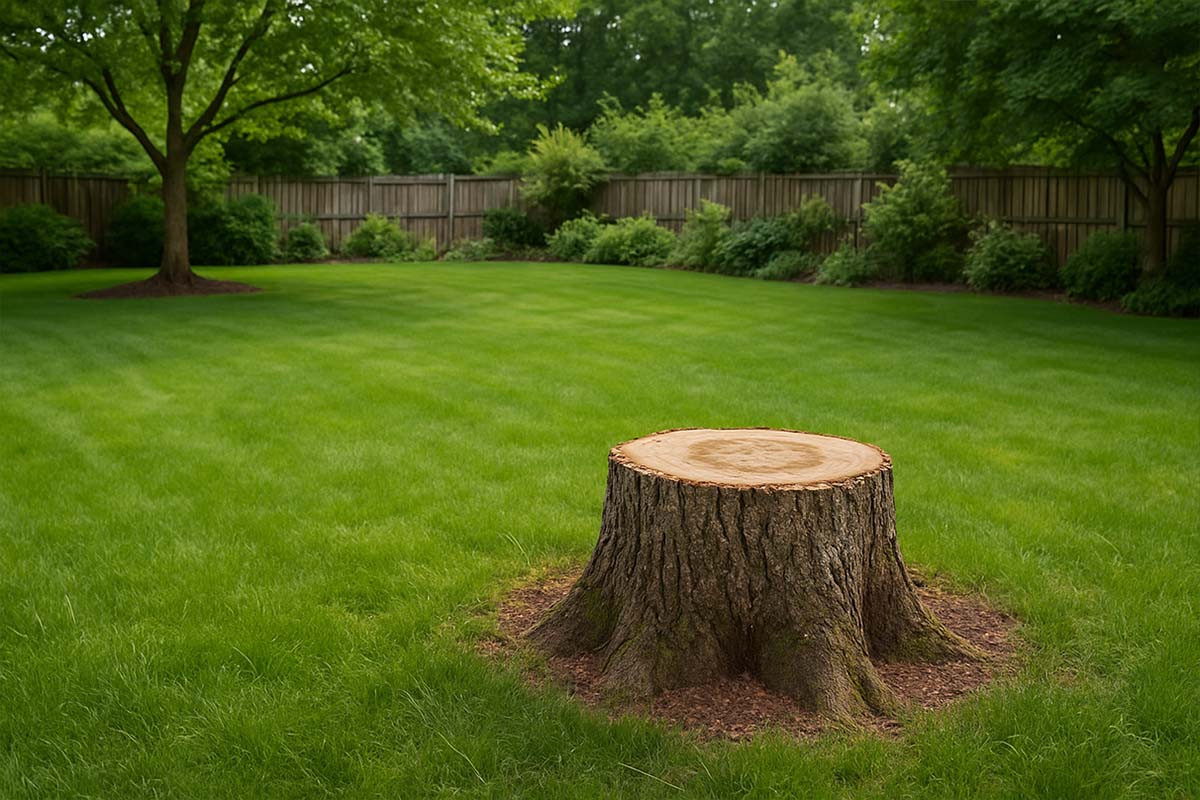 A photo of a large tree stump in a suburban yard