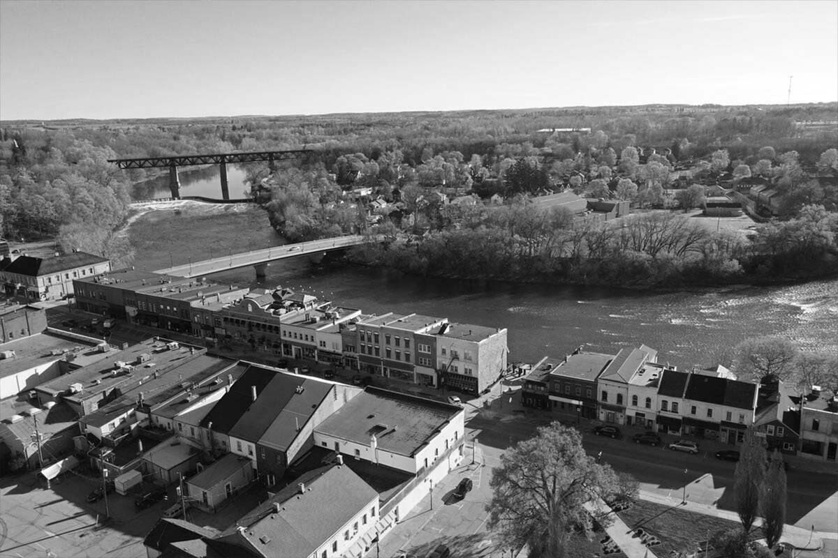 Aerial photograph of Paris, Ontario with the Grand River in the background