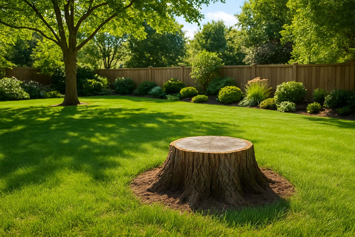 A photo of a small tree stump in a suburban backyard on a beautiful sunny day