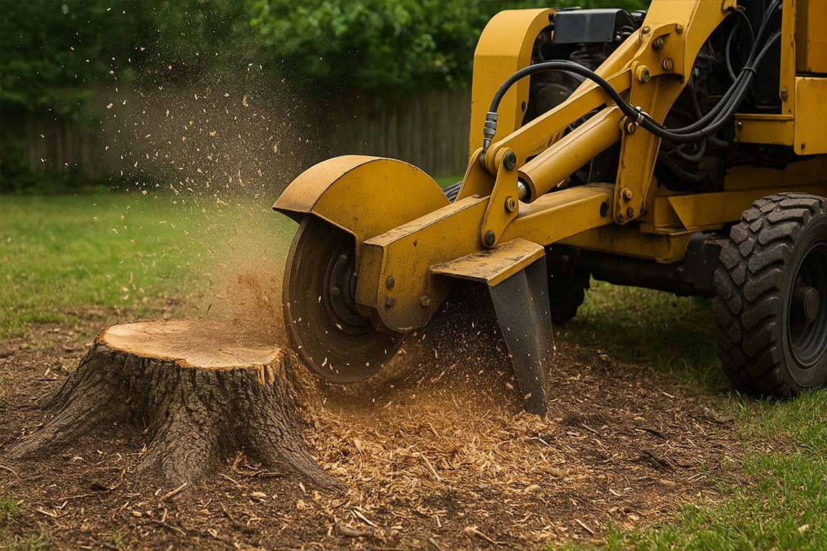 A picture of a stump grinder grinding a tree stump in a residential backyard